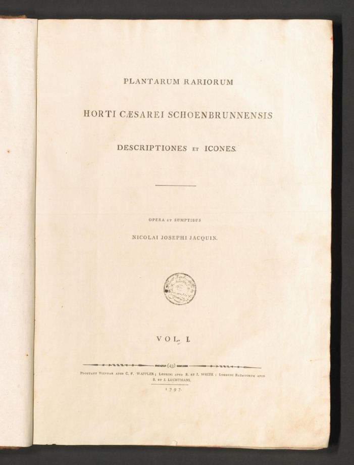PLANTARUM RARIORUM HORTI CAESAREI SCHOENBRUNNENSIS DESCRIPTIONES ET ICONES.