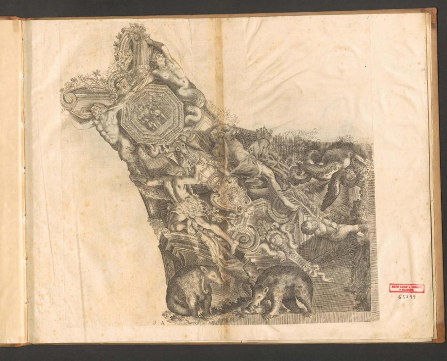 [BARBERINAE AVLAE FORNIX ROMAE EQ. PETRI BERETTINI CORTONENSIS PICTVRIS ADMIRANDVS CVIVS SPIRANTES IMAGINES ET MONOCROMATA IN HISCE DELINEAMENTIS AD SIMILITVDINEM ADVMBRATA VRBANI VIII. PONTIFICIS MAXIMI VIRTVTES EXPRIMVNT] 