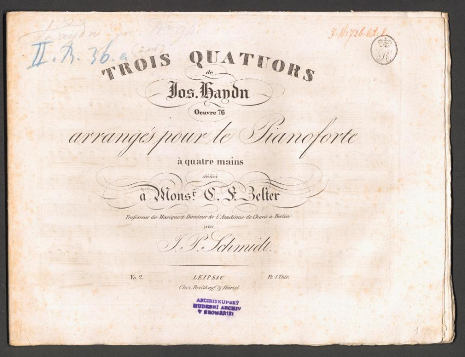 Trois quatuors op. 76, no. 1,2. Dediés Mons. F. Belter