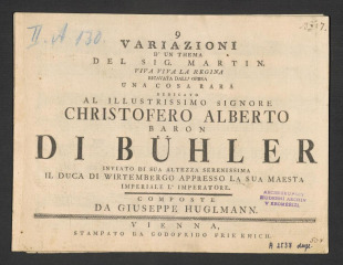 9 Variationi. D'un Thema del sig. Martin (Viva, viva la Regina)