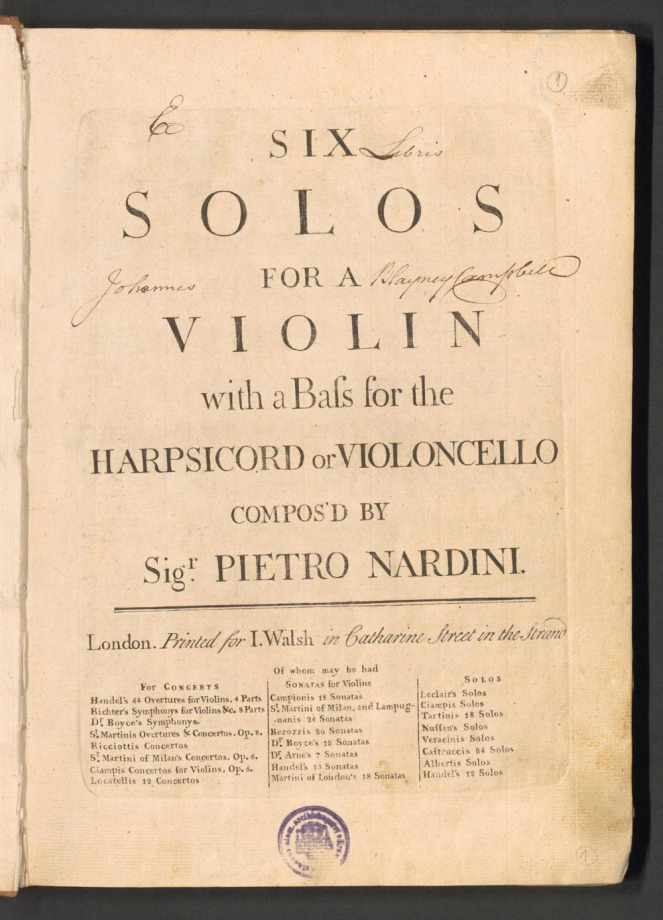 SIX SOLOS FOR A VIOLIN with a Bass for Harpsicord or Violoncello 