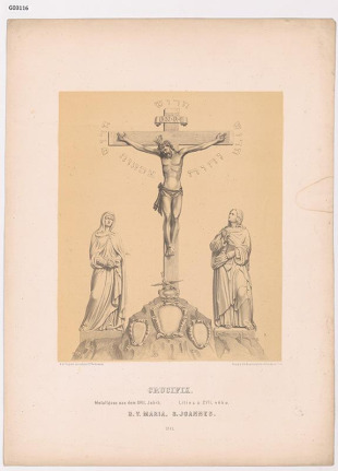 Litinový krucifix ze 17. století s postavou P. Marie a sv. Josefa