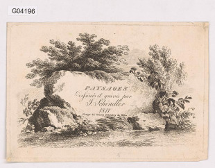 Titulní list ke sbírce kreseb a rytin s francouzským textem: Krajiny kreslené a ryté J. Schindlerem 1811