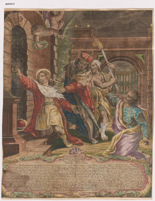 Zavraždění sv. Václava, v dolní části obrazu kartuše s věnováním staroboleslavskému kanovníkovi Václavu Štěpánovskému a s historií činu