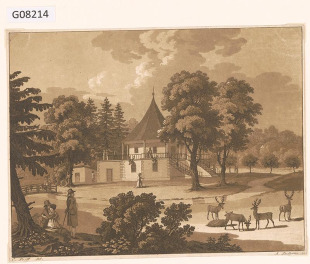 Pohled na oboru s pavilonem, jeleny a figurální stafáží