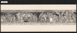 novoročenka 1936; Šťastný a radostný nový rok přeje knihkupectví a obrazárna Ludvíka Součka v Praze II, Riegrovo nábřeží 6