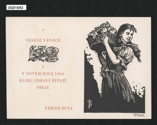 Vánoční přání a p.f. 1954 F. Duši, dvojlist; Veselé vánoce ... přeje Ferdiš Duša