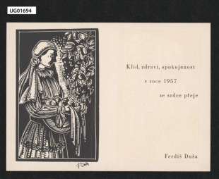 Novoročenka 1957 F. Duši, dvojlist; Klid, zdraví a ... přeje Ferdiš Duša