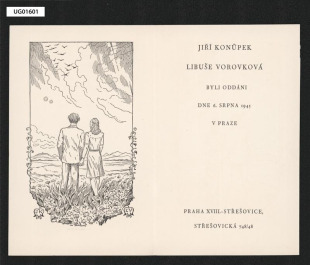 svatební oznámení, 1945, dvojlist; Jiří Konůpek Libuše Vorovková byli oddáni dne 6. srpna 1945 v Praze...