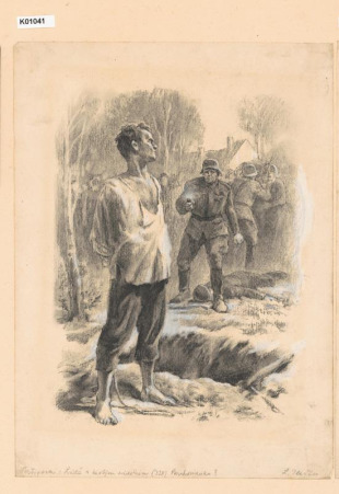 Německý voják střílející sovětského zajatce, ilustrace Veršigorova románu Lidé s čistým svědomím