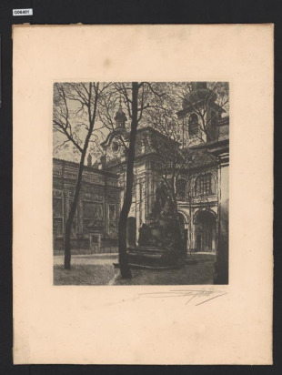 (Kašna na dvoře s barokní architekturou)